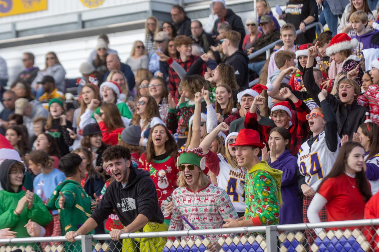 Hononegah's crowd celebrates after scoring a touchdown at Hononegah High School on Saturday, October 30, 2021 in Rockton.