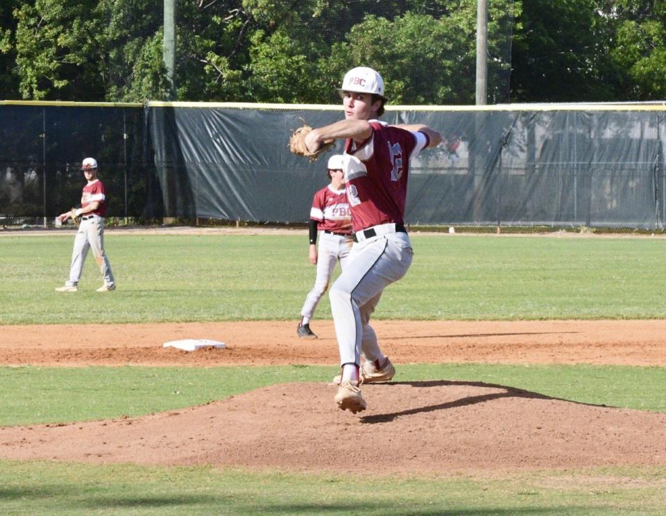 Palm Beach Central pitcher Brody Gullo fires a pitch against Jupiter during Tuesday's 6-5 regional quarterfinals victory on May 10, 2022.