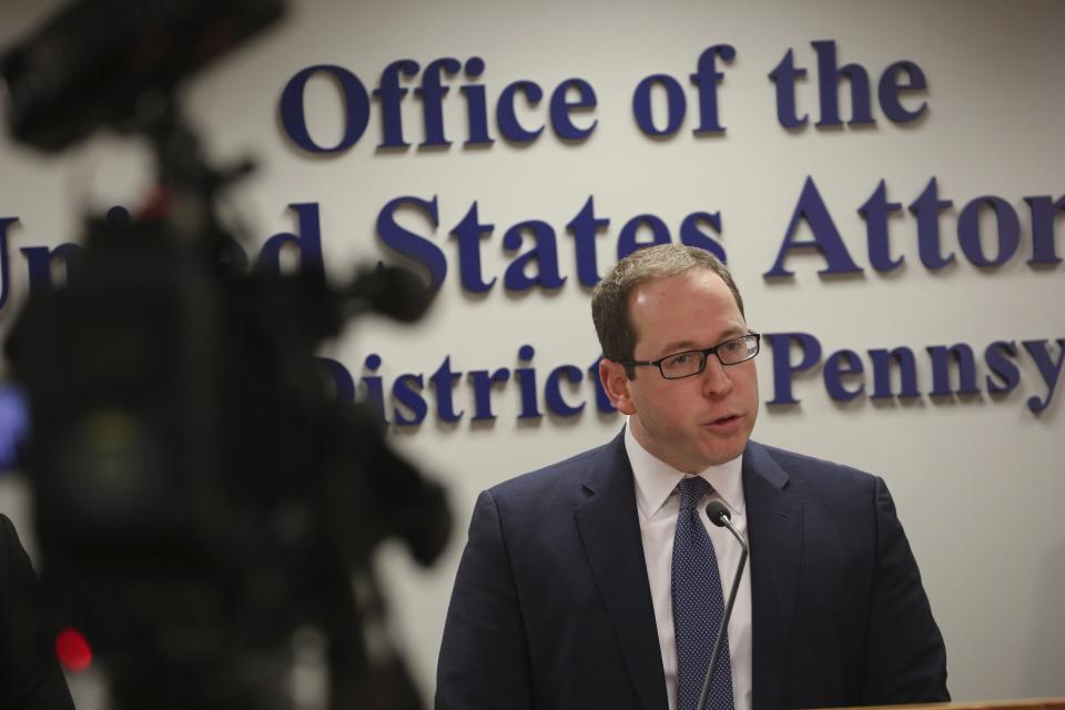 US Attorney Eric Olshan speaks the media following the sentencing of Robert Bowers outside the Joseph F. Weis Jr. United States Courthouse in Pittsburgh, Wednesday, Aug 2, 2023. Bowers was sentenced to death for killing 11 people at the Tree of Life synagogue in Pittsburgh in 2018. (AP Photo/Rebecca Droke)