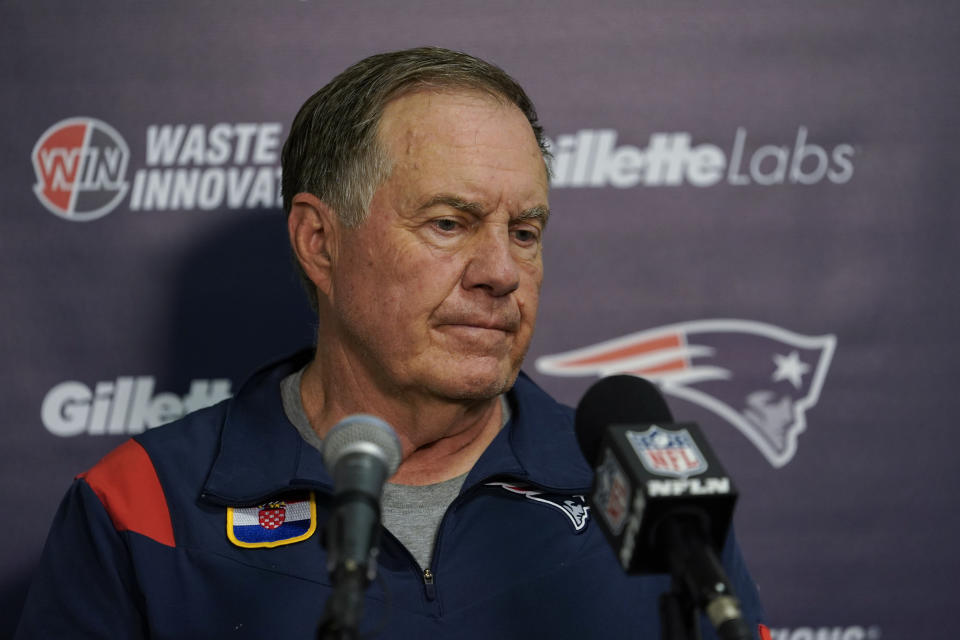 New England Patriots head coach Bill Belichick speaks during a news conference following an NFL football game against the Miami Dolphins, Sunday, Oct. 29, 2023, in Miami Gardens, Fla. (AP Photo/Lynne Sladky)