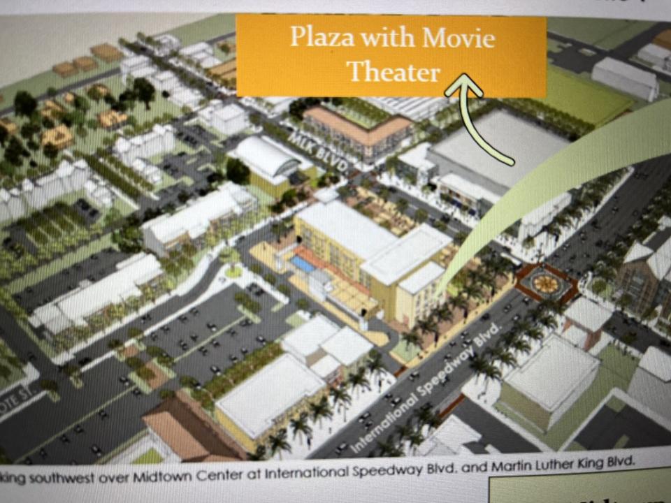 A plaza with a movie theater could be built on International Speedway Boulevard where the city bought two properties this week.