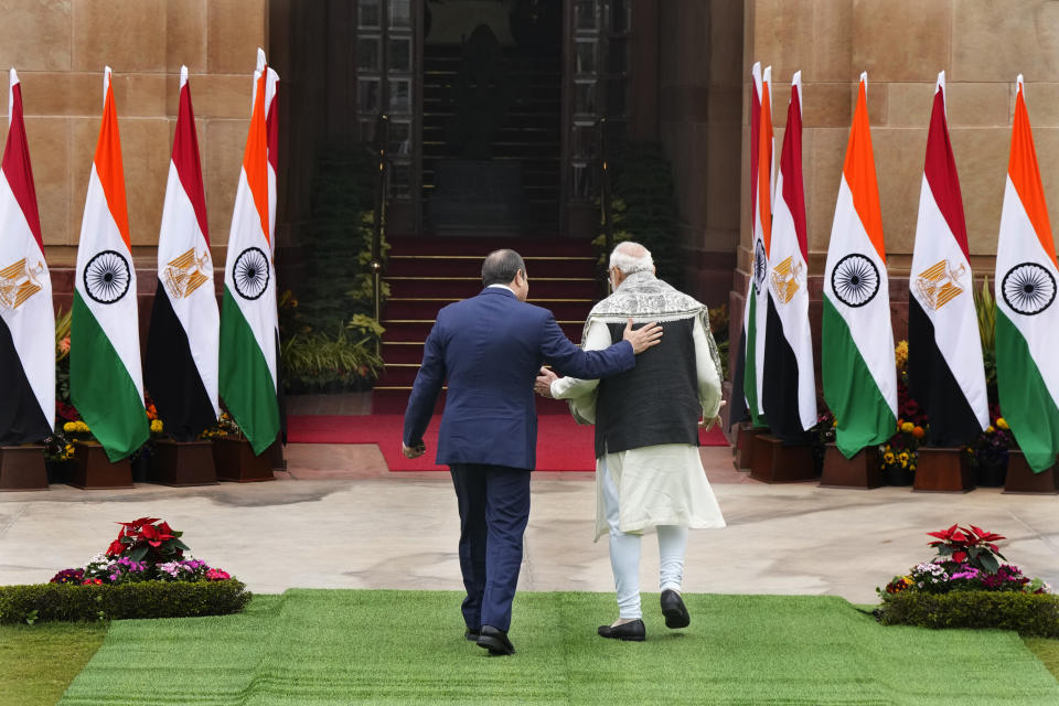 Indian Prime Minister Narendra Modi, right, talks with Egyptian President Abdel Fattah El-Sisi before their delegation level meeting in New Delhi, India, Wednesday, Jan. 25, 2023. El-Sisi will be the Chief Guest on the country’s annual Republic Day parade on Thursday. (AP Photo/Manish Swarup)