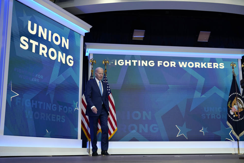 FILE - President Joe Biden arrives to speak in the South Court Auditorium on the White House complex in Washington, Dec. 8, 2022. Biden likes to say he's the most pro-union president in U.S. history. When he announces his expected reelection campaign in the coming weeks, he'll get the chance to prove it to his own staffers. Workers on his 2024 campaign will be unionized, political allies say, making Biden the first president to run a reelection campaign with staff represented by a union. (AP Photo/Susan Walsh, File)