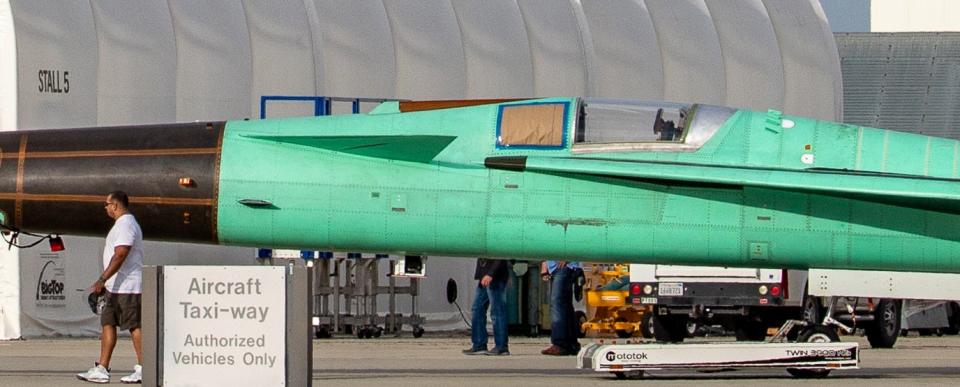 This view of the cockpit area of the X-59 reveals the unusual challenge of providing the pilot with vision in the forward sector, due to the extremely elongated nose. <em>Lockheed Martin</em>