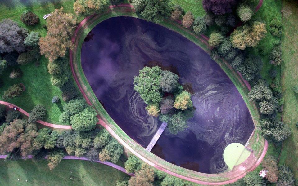 Aerial photo of the island where Princess Diana is buried in the grounds of the Spencer family estate in Althorp - Credit: AP