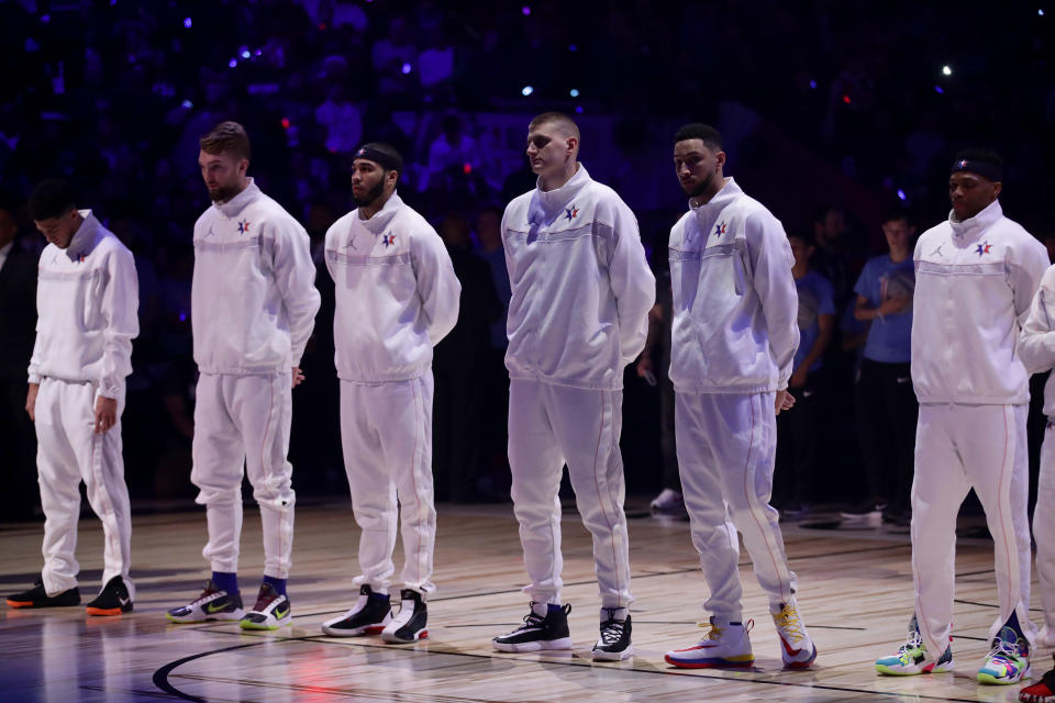 Team LeBron looks on before the 69th NBA All-Star Game at the United Center on February 16, 2020 in Chicago, Illinois. 