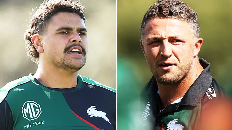 Pictured right is former Souths assistant Sam Burgess and Latrell Mitchell on left.