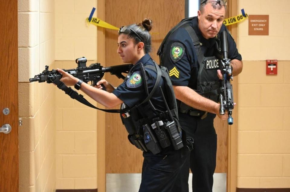 Two dozen police officers from Exeter, Kensington and Hampton Falls recently took part in a day-long active shooter training exercise at Exeter High School.