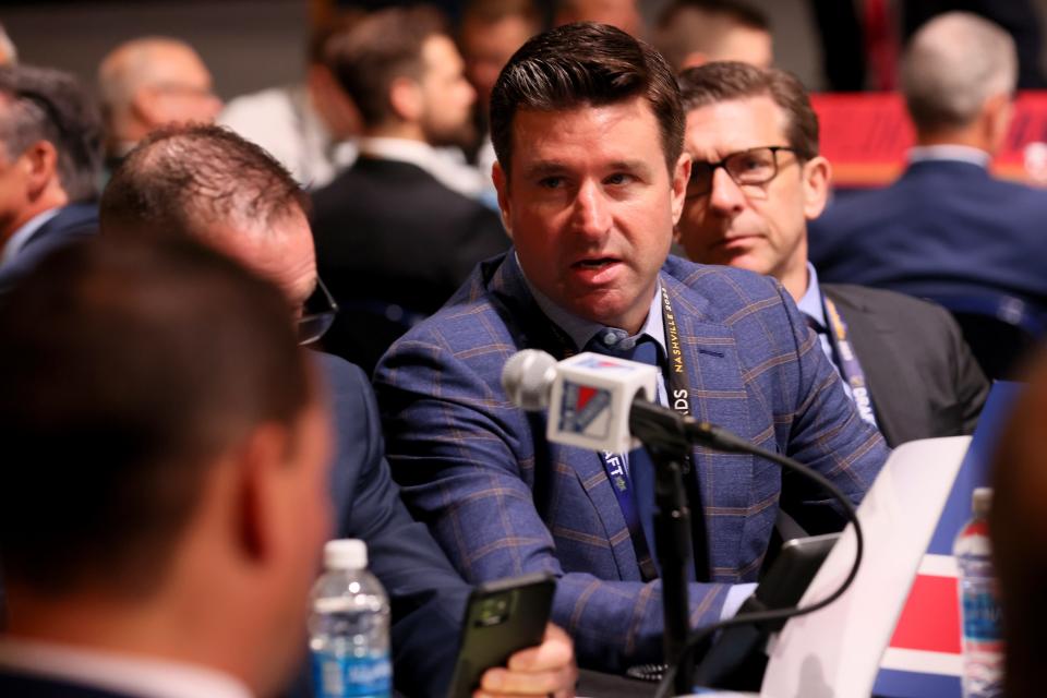 NASHVILLE, TENNESSEE - JUNE 29: Chris Drury, President and General Manager of the New York Rangers talks during the 2023 Upper Deck NHL Draft at Bridgestone Arena on June 29, 2023 in Nashville, Tennessee.