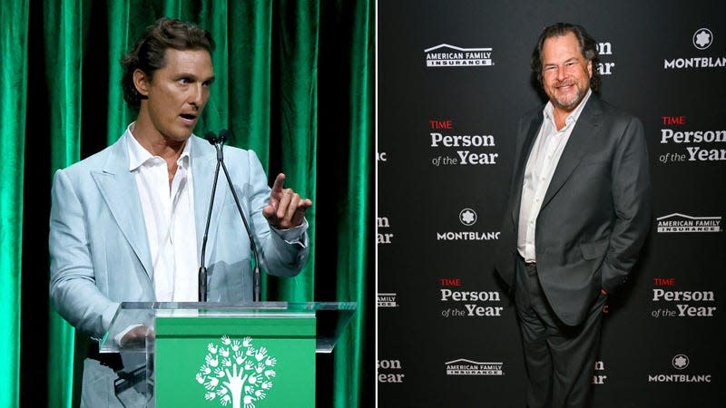 Matthew McConaughey gestures among a green background while Salesforce CEO Marc Benioff stands in front of Time person of the year