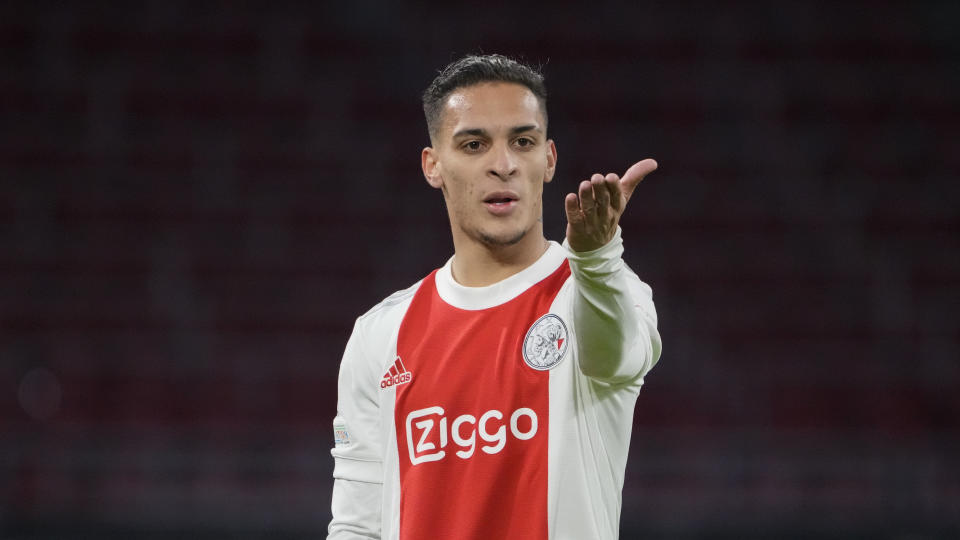 Ajax player Antony of Brazil gestures during a Champions League group C soccer match between Ajax and Sporting CP, at the Johan Cruyff ArenA in Amsterdam, Netherlands, Tuesday, Dec.  7, 2021. (AP Photo/Peter Dejong)