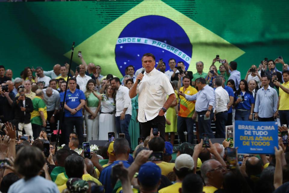 Brazil's President Jair Bolsonaro speaks during a rally to launch his reelection bid, in Rio de Janeiro, Brazil, Sunday, July 24, 2022. Brazil's general elections are scheduled for Oct. 2, 2022. (AP Photo/Bruna Prado)