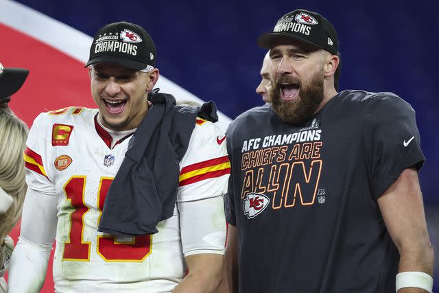 <p>Perry Knotts/Getty</p> Patrick Mahomes (left) and Travis Kelce after the 2024 AFC Championship game