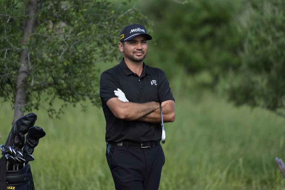 Jason Day stands before taking his shot from the rough on the 10th hole during the first round of the Byron Nelson golf tournament in McKinney, Texas, Thursday, May 2, 2024. (AP Photo/LM Otero)