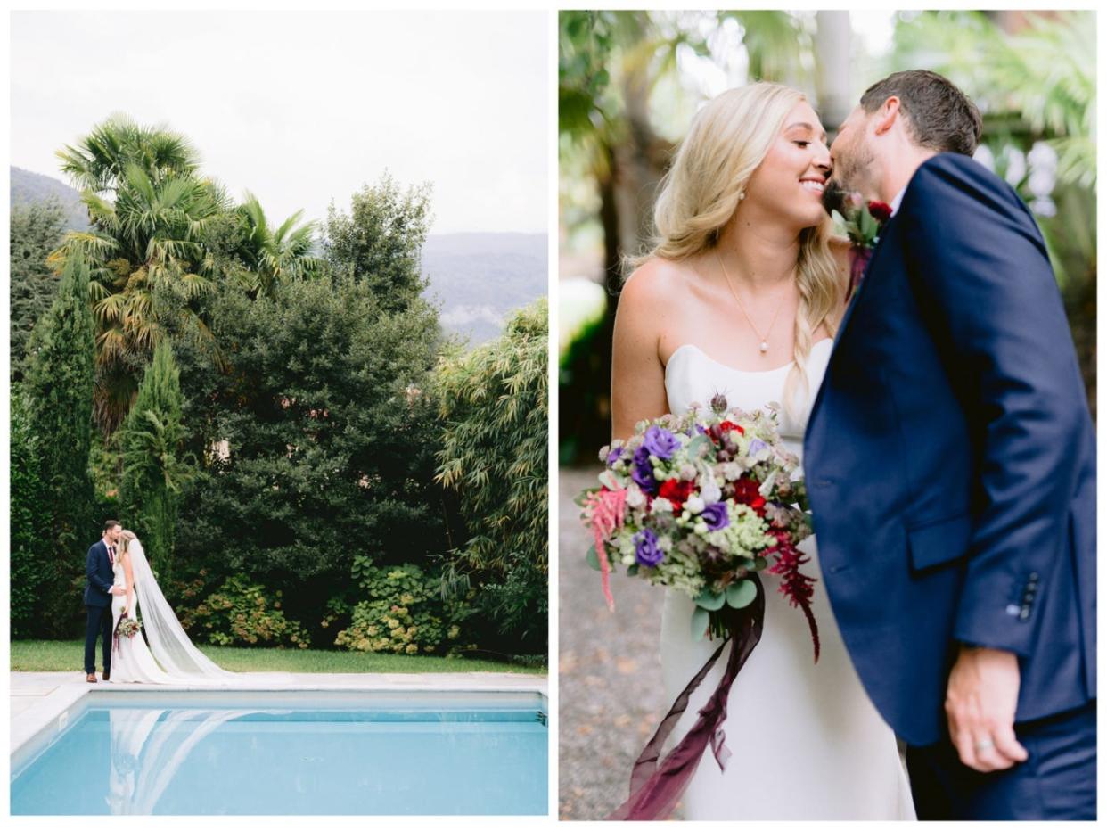 On the left, the couple kissing by a pool. On the right, a closer shot of the couple kissing.