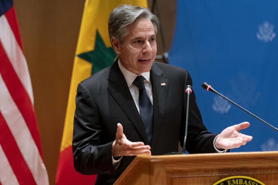 US Secretary of State Antony Blinken speaks during a commercial diplomacy event with U.S. companies and the government of Senegal at the Radisson Blu Hotel in Dakar, Nigeria, Saturday, Nov. 20, 2021. Blinken is on a five day trip to Kenya, Nigeria, and Senegal. (AP Photo/Andrew Harnik, Pool)