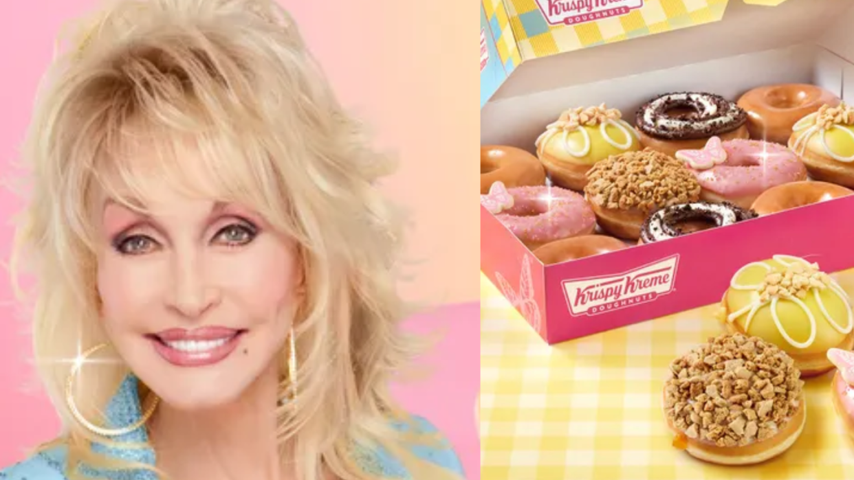 a woman smiling next to a box of donuts