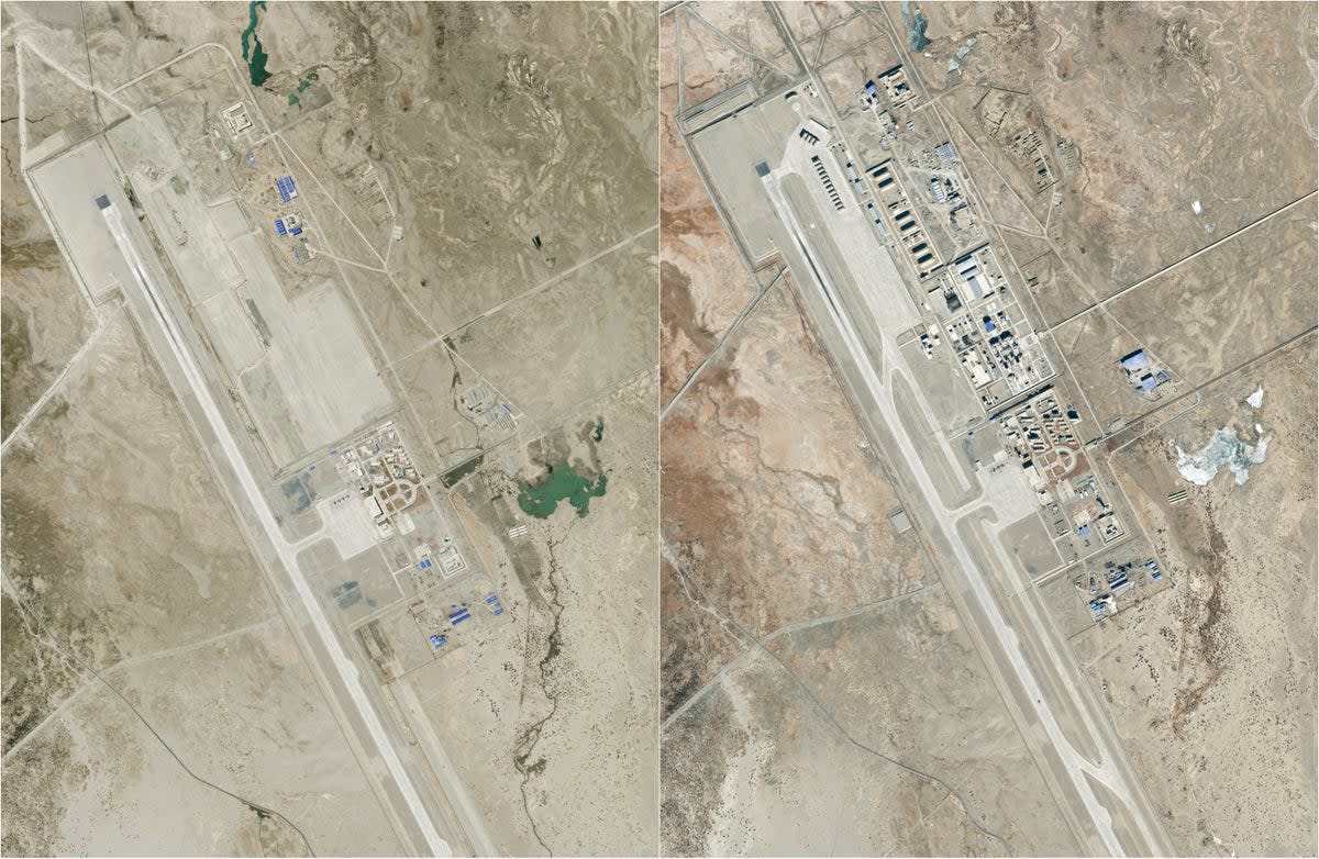 The Ngari Gunsa airfield in Tibet Autonomous Region in 2020 (left) compared to the airfield with fresh constructions in 2023 (Planet Labs PBC)