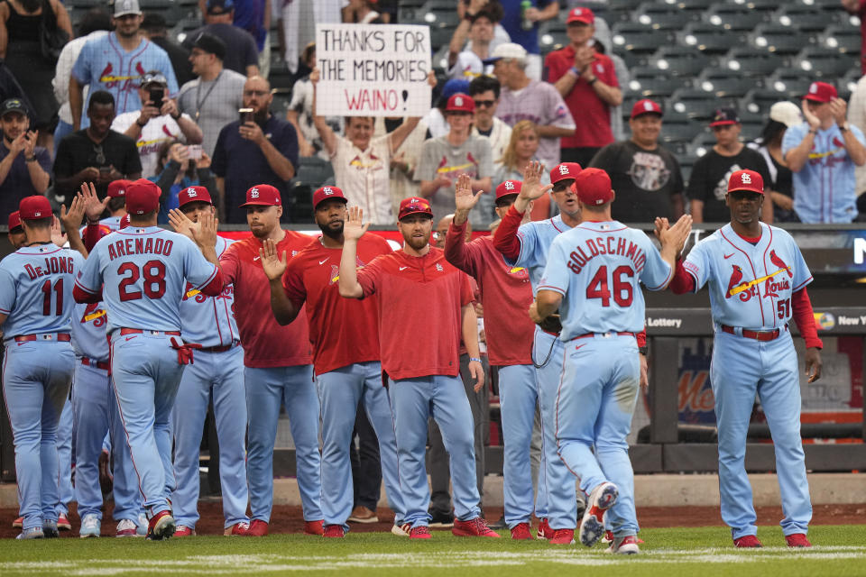 The St. Louis Cardinals celebrate after a baseball game against the New York Mets, Saturday, June 17, 2023, in New York. (AP Photo/Frank Franklin II)