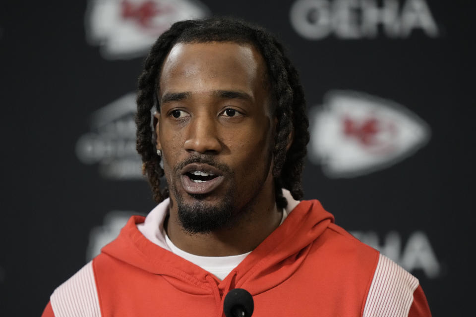 Kansas City Chiefs cornerback L'Jarius Sneed talks to the media after the NFL football team's practice Friday, Jan. 26, 2024, in Kansas City, Mo. (AP Photo/Charlie Riedel)