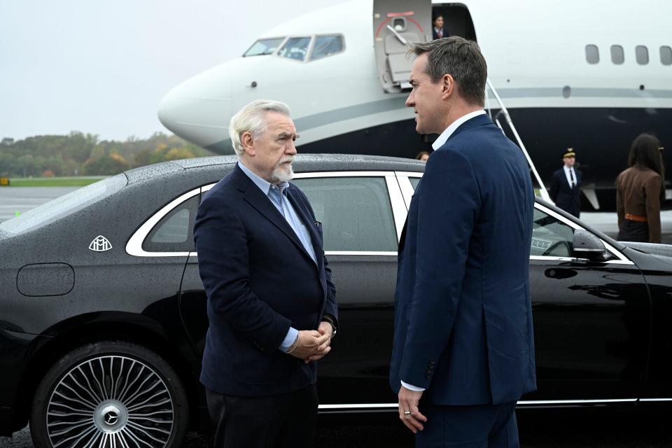 Logan Roy (Brian Cox) and Tom (Matthew Macfadyen) prepare to board a fateful flight in "Succession."