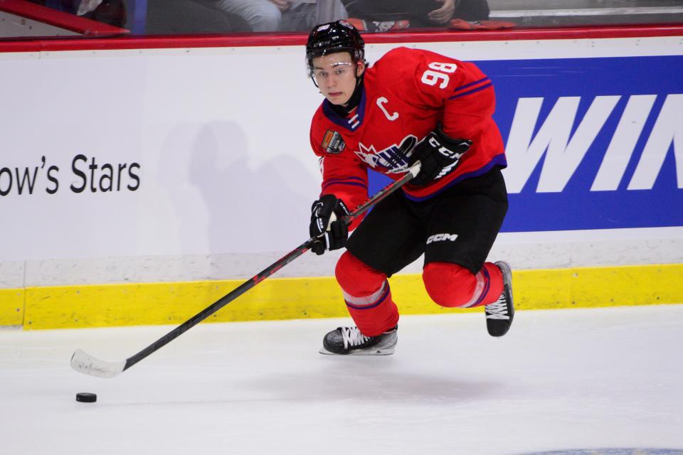 Jan 25, 2023; Langley, BC, CANADA; CHL Top Prospects team red forward Connor Bedard (98) skates during the second period in the 2023 CHL Top Prospects ice hockey game at Langley Events Centre.