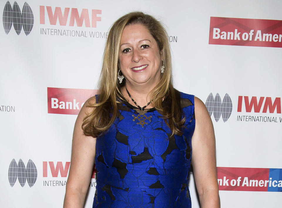 FILE - Abigail Disney attends the International Women's Media Foundation's 26th Annual Courage in Journalism Awards in New York on Oct. 21, 2015. Disney, the granddaughter of co-founder Roy O. Disney, released a documentary called "The American Dream and Other Fairy Tales." (Photo by Charles Sykes/Invision/AP, File)