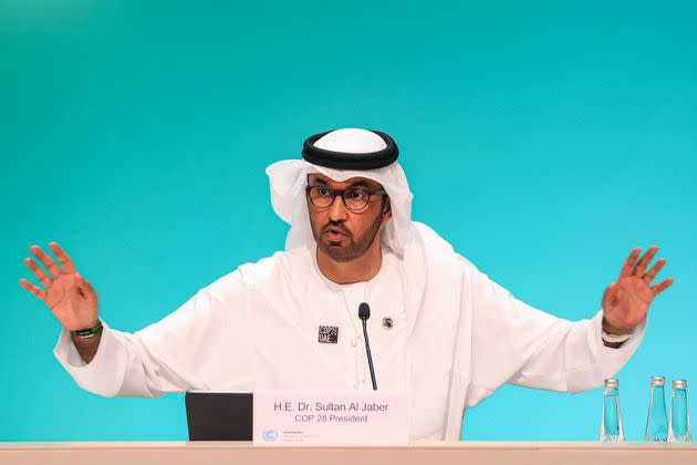 COP28 president Sultan Ahmed Al Jaber speaks during a press conference at the United Nations climate summit in Dubai on December 4, 2023.