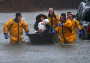 <p>A mother and child are rescued by boat from their home in the Houghs Neck section of Quincy, Mass., during a nor’easter storm on March 2, 2018. (Photo: ohn Tlumacki/The Boston Globe via Getty Images)J </p>