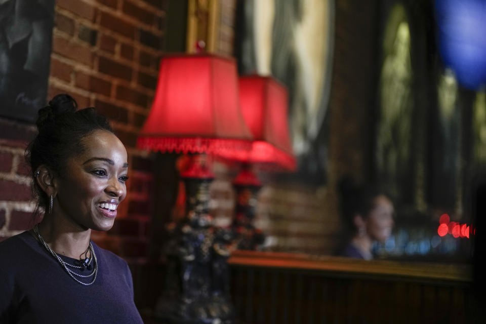 LaJoia Broughton, a 41-year-old small business owner, speaks during an interview at Goat's restaurant and Tavern on Tuesday, May 2, 2023, in Columbia, S.C. Black voters in South Carolina rescued Joe Biden’s bid for the presidency during the 2020 Democratic primary, and he rewarded them by moving the state to the head of the party’s nominating schedule. But two years into his presidency, interviews with more than a dozen Black voters representing a variety of ages and backgrounds reveal mixed views, especially between generations. (AP Photo/Chris Carlson)