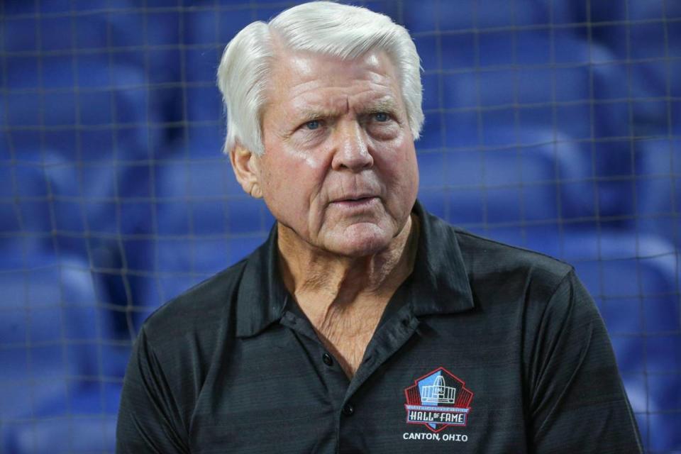 Pro Football Hall of Fame coach Jimmy Johnson waits to throw the first pitch before the start of the game between the Miami Marlins and Atlanta Braves at loanDepot Park in Miami on Saturday, August 13, 2022.