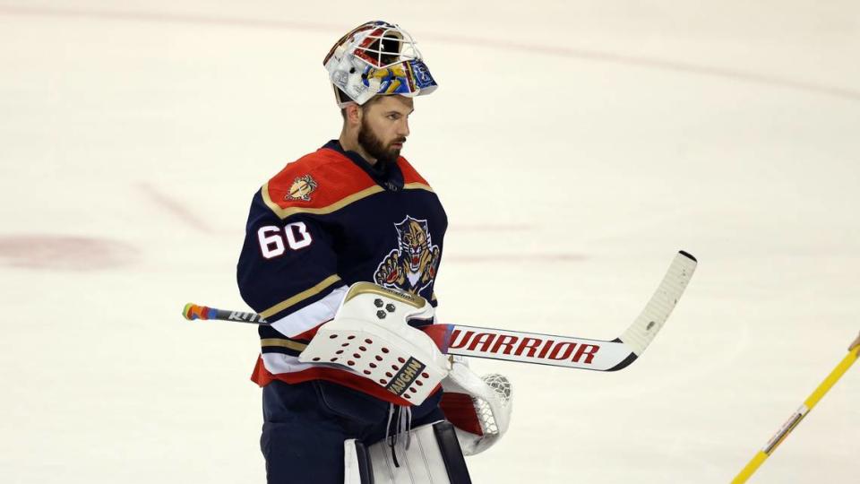 Florida Panthers goaltender Chris Driedger (60) approaches the net after break in the game against the Nashville Predators at the BB&T Center in Sunrise on Saturday, March 20, 2021.