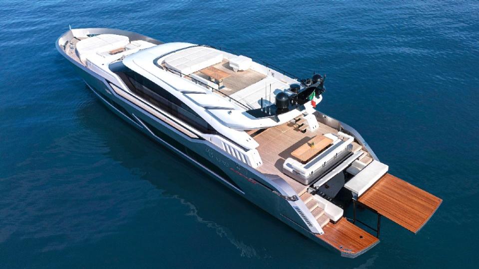 The 100 has a cool swim platform with a section that lifts to launch and retrieve the tender. - Credit: Courtesy AB Yachts