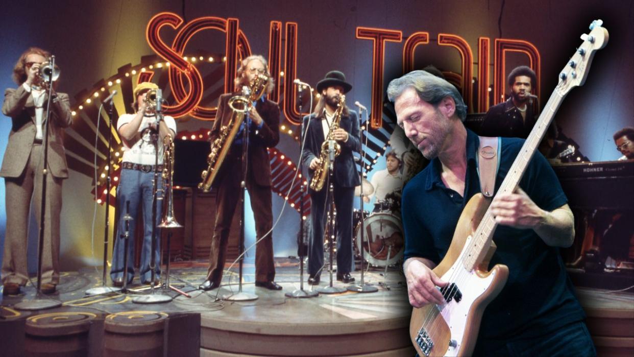  Tower of Power [L-R: Greg Adams (trumpet), Mic Gillette (trumpet), Stephen Kupka/Doc/The Doctor (sax), Emilio Castillo (sax), David Bartlett (drums), Lenny Picket (sax), Francis Prestia/Rocco (bass), Lenny Williams (vocals), Bruce Conte (guitar), Chester Thompson (keyboards)] performs on Soul Train episode 126, aired 2/1/1975. 