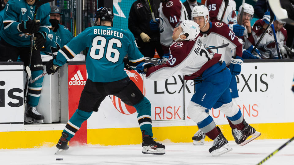 SAN JOSE, CA - MARCH 03: San Jose Sharks Right Wing Joachim Blichfeld (86) earns a penalty during the NHL pro hockey game between the Colorado Avalanche and the San Jose Sharks on March 3, 2021 at SAP Center in San Jose, CA. (Photo by Bob Kupbens/Icon Sportswire via Getty Images)