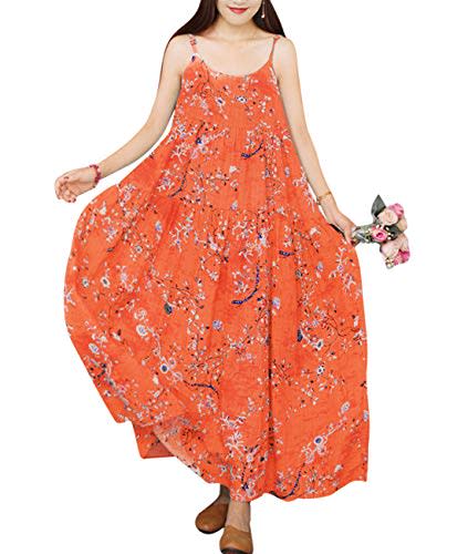 YESNO E00 Women Casual Loose Bohemian Floral Print Empire Waist Spaghetti Strap Long Maxi Summer Beach Swing Dress (S, E75 As Picture45) (Amazon / Amazon)