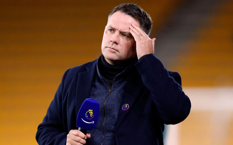 Michael Owen working for Amazon Prime Video during the Premier League match at Molineux Stadium, Wolverhampton