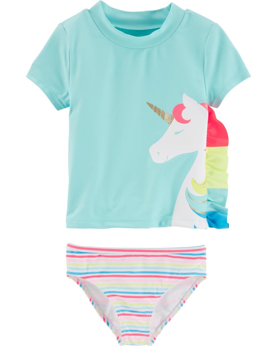 Carter's 2-piece Unicorn UV Swim Shirt Set offers UPF 50+. SHOP IT: Carters, $15 