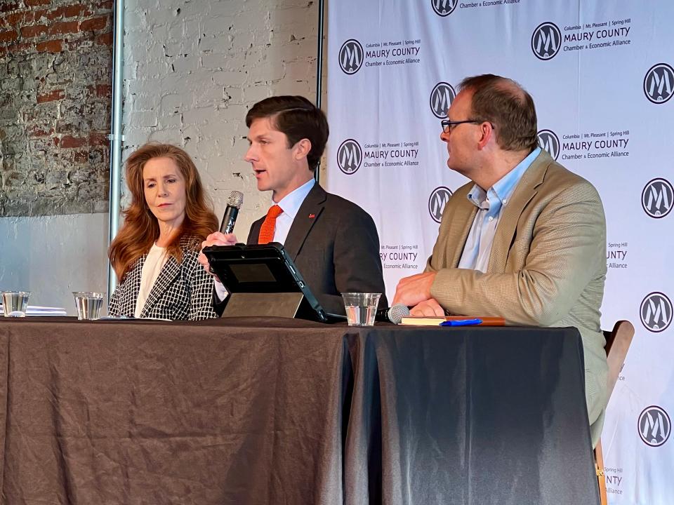 Mayor Chaz Molder, center, joins Columbia Tourism and Marketing Director Kellye Murphy and Director of Development Services Paul Keltner for Maury Alliance's final Breakfast with The Mayor event at Puckett's on Tuesday, Oct. 31, 2023.