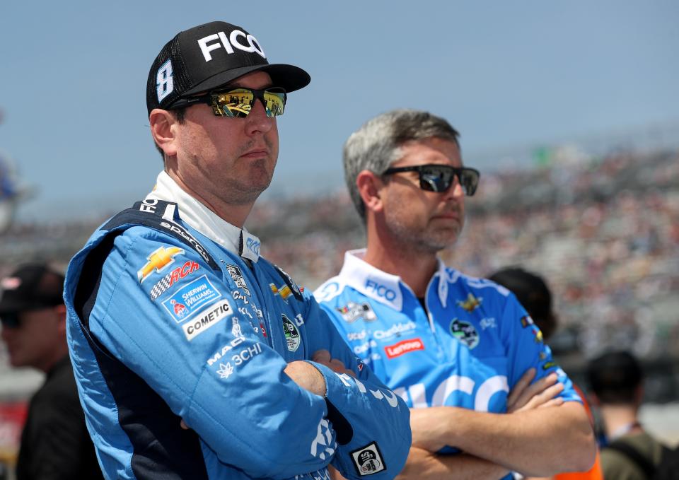 Apr 28, 2024; Dover, Delaware, USA; NASCAR Cup Series driver Kyle Busch (left) stands with his crew chief Randall Burdett (right) on pit road prior to the Wurth 400 at Dover Motor Speedway. Mandatory Credit: Matthew O'Haren-USA TODAY Sports