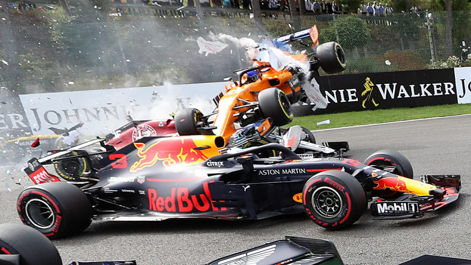 Daniel Ricciardo’s rear wing was taken out by the flying McLaren of Fernando Alonso. Pic: Getty