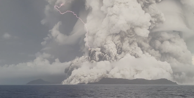 Hunga-Tonga-Hunga-Ha&#39;apai is seen erupting.
