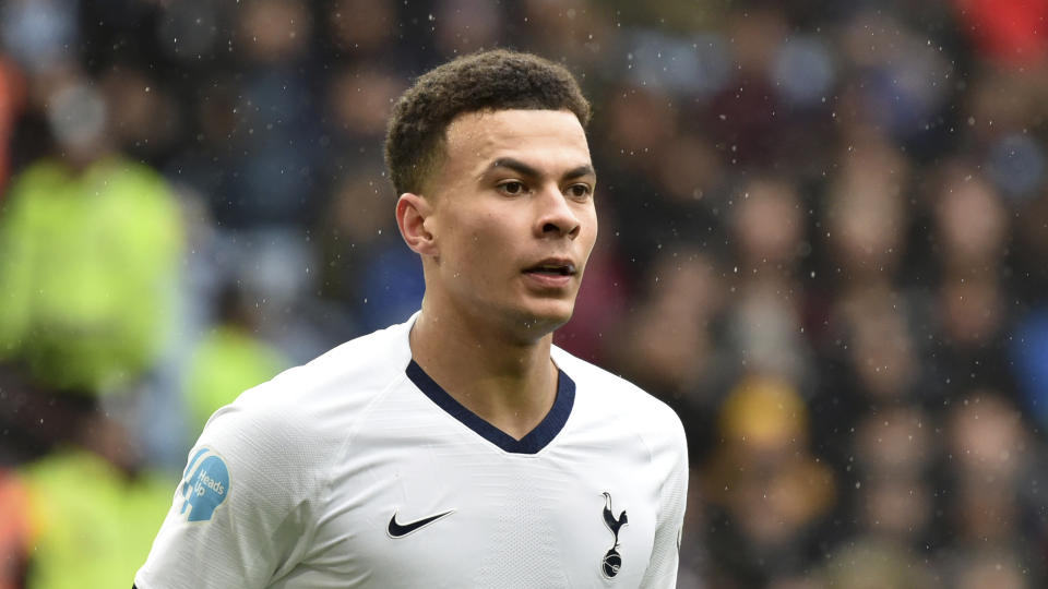 Tottenham's Dele Alli during the English Premier League soccer match between Aston Villa and Tottenham Hotspur at Villa Park in Birmingham, England, Sunday, Feb. 16, 2020. (AP Photo/Rui Vieira)