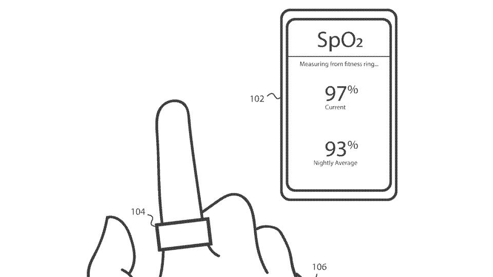 A Fitbit patent figure showing SpO2 data from a smart ring on a smartphone.