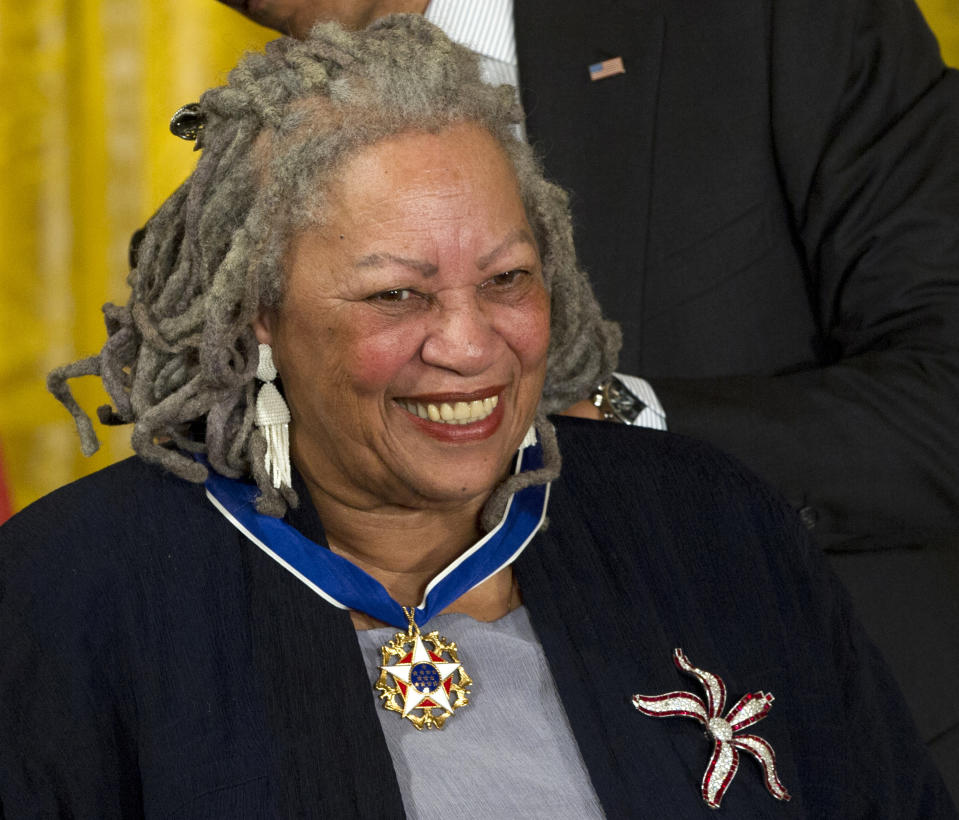 FILE - Nobel laureate Toni Morrison receives a Medal of Freedom award during a ceremony in the East Room of the White House in Washington on May 29, 2012. Morrison is now forever immortalized on a stamp honoring the prolific writer, editor, scholar and mentor. The stamp was unveiled Tuesday morning at Princeton University, where she taught for almost two decades. (AP Photo/Carolyn Kaster, File)
