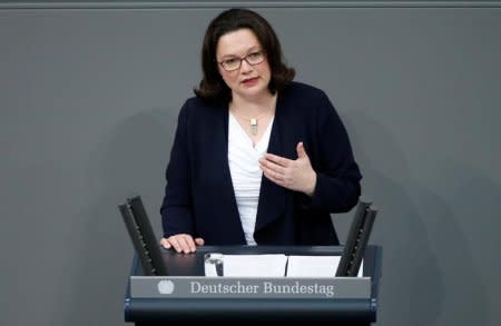 Andrea Nahles, leader of Social Democratic Party (SPD), addresses the lower house of parliament Bundestag in Berlin, Germany, April 26, 2018. REUTERS/Axel Schmidt