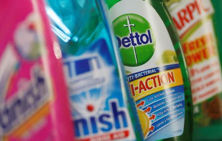 Products produced by Reckitt Benckiser; Vanish, Finish, Dettol and Harpic, are seen in London, Britain February 12, 2008. REUTERS/Stephen Hird/File Photo