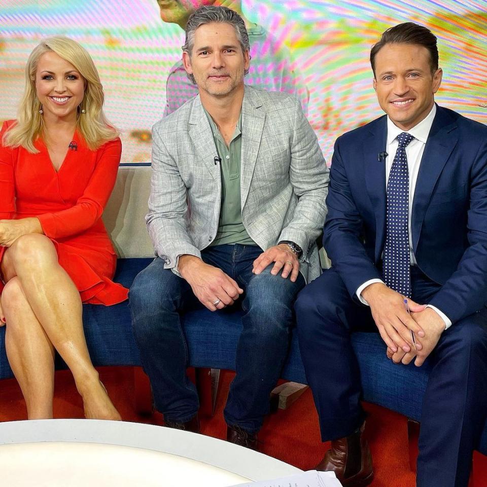 Weekend Sunrise hosts Monique Write and Matt Doran, pictured with Eric Bana, are rumoured to be the perfect contenders for the weekday Sunrise job. Photo: Seven