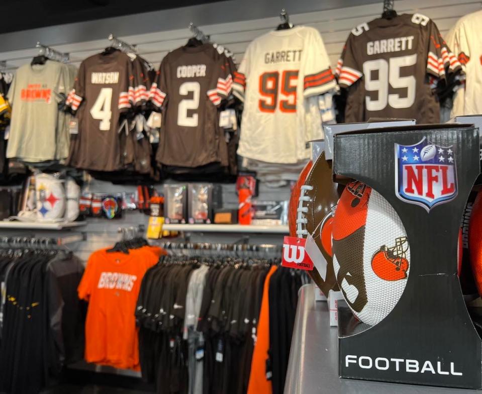 The gift shop at the Pro Football Hall of Fame is loaded with an array of memorabilia, including a wide selection of Cleveland Browns merchandise.