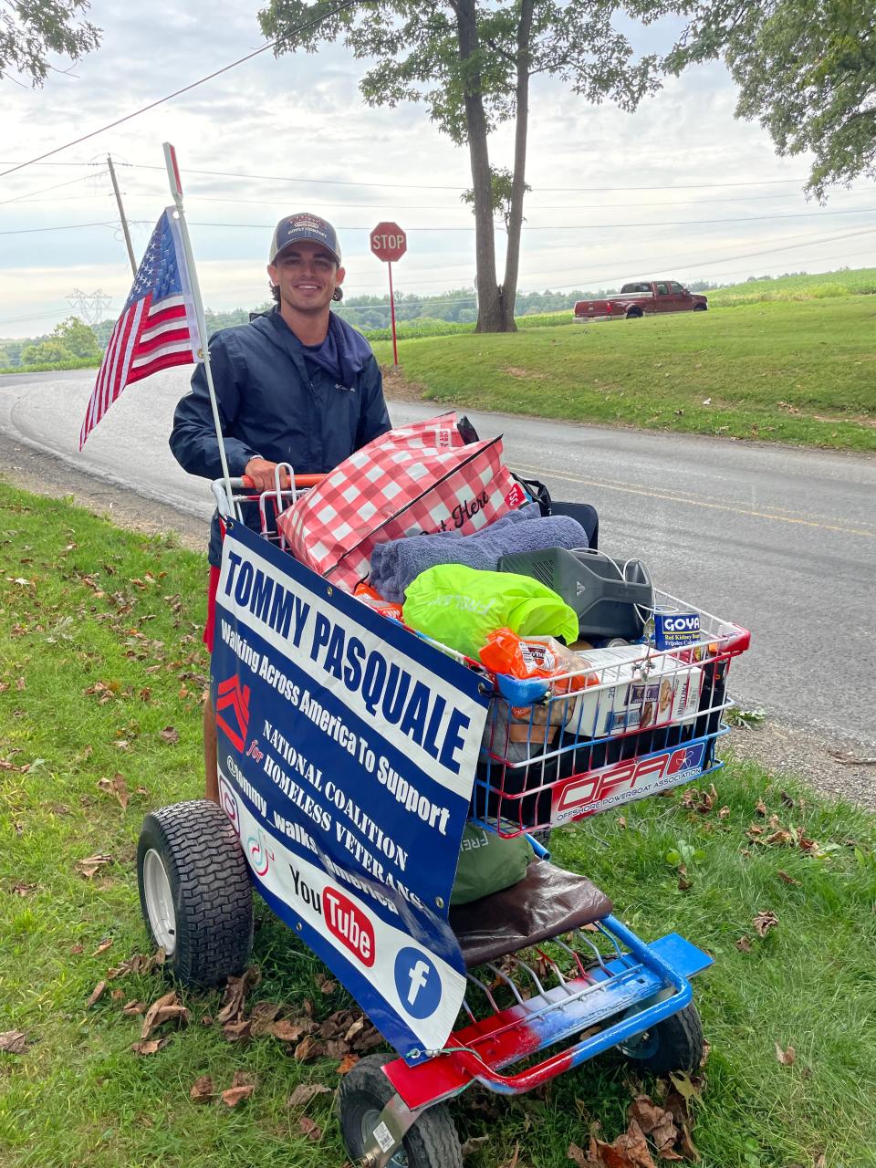Randolph native Tommy Pasquale is pushing a shopping cart 3,000 miles across the U.S. to raise money and awareness for homeless veterans.